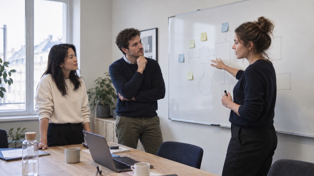 Een team brengt een proces in kaart met post-its op een whiteboard