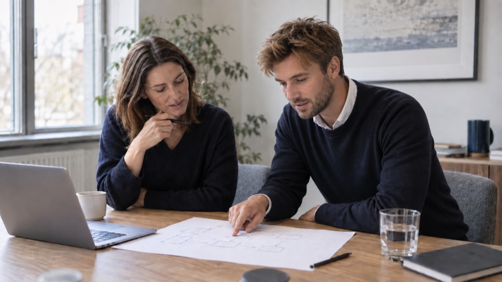Twee mensen bekijken samen een procestekening