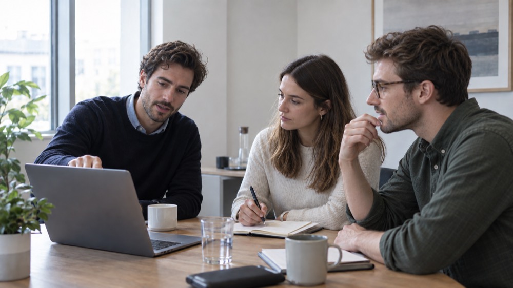 Een klein team bekijkt de resultaten op een laptop